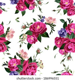 Abstract seamless floral pattern with of  roses and freesia. Vector background.