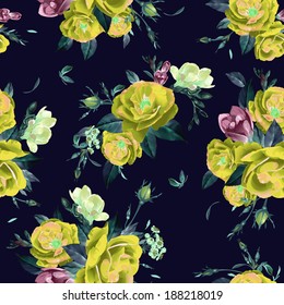 Abstract seamless floral pattern with of  roses and freesia. Vector background.