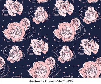 Abstract seamless floral pattern with roses. Modern navy blue floral background.