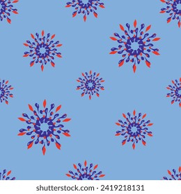 Abstract seamless floral pattern with round crystal on blue background. Mandala ornament. Kaleidoscope elements print for textile, fashion clothes, wrapping paper.