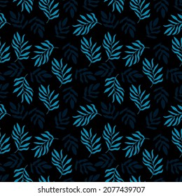 Abstract seamless floral pattern, silhouettes of branches and leaves in dark blue colors. Abstract floral and tropical doodle illustration for elegant print. Vector pattern.