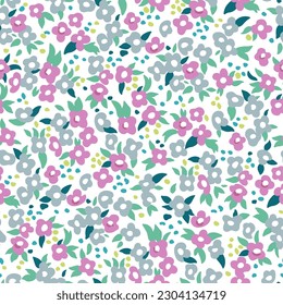 Abstract seamless floral pattern with small purple and green flowers with green leaves on a white background. Vector illustration.