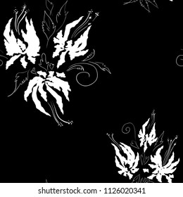 Abstract seamless floral floral pattern with stylized image of flowers and tree branches. Black and white. Vector illustration. Black background.