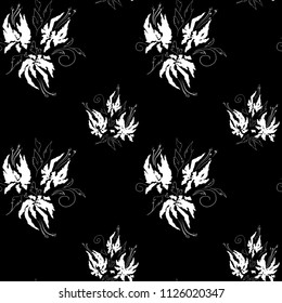 Abstract seamless floral floral pattern with stylized image of flowers and tree branches. Black and white. Vector illustration. Black background.