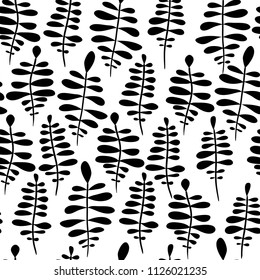 Abstract seamless floral floral pattern with stylized image of tree branches. Black and white. Vector illustration. White background.
