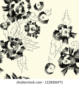 Abstract seamless floral pattern with stylized image of rose flowers, imitation embroidery on fabric. Monochrome colors. Vector illustration.