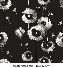 Abstract seamless floral pattern with a stylized image of flowers and flying dandelion seeds, imitation of embroidery on fabric. Monochrome colors. White on a black background. Vector illustration