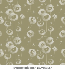 Abstract seamless floral pattern with a stylized image of flowers and flying dandelion seeds, imitation of embroidery on fabric. Monochrome colors. White on a beige background. Vector illustration