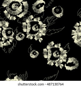 Abstract seamless floral pattern with stylized image of rose flowers, imitation embroidery on fabric. monochrome colors. Vector illustration.