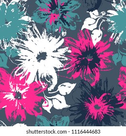 Abstract seamless floral pattern with trace silhouette of flower and leaves. grungy textured flowers repeated backdrop for girl, fashion textile, clothes, wrapping paper. textured cracked wall. 