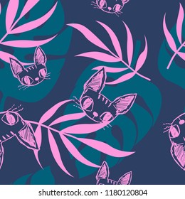 Abstract seamless floral pattern with tropical leaves and sphinx cast face. Summer colorful repeated backdrop for girl, textile, clothes, wrapping