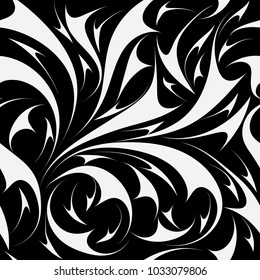 Abstract seamless floral pattern. Vector black and white background wallpaper with hand drawn fantasy flowers, leaves, shapes, lines, swirls, curves and modern ornaments. Isolated design for fabric