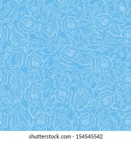 Abstract seamless floral pattern with white outline symbolical flowers on blue background. Vector