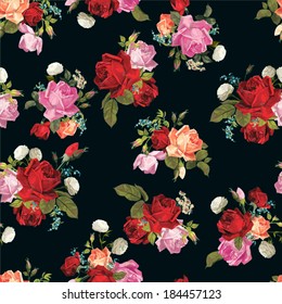 Abstract seamless floral pattern with of white, pink, red and orange roses on black background. Vector illustration.