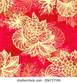 Abstract seamless floral vector background with transparent layers. Elegant lacy decorative pattern for web, prints, textile, fabric, poster, banner. Bright flower ornament. Indian paisley motifs. 