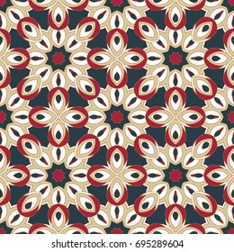 Abstract seamless flower backdrop. Design for prints, textile, decor, fabric. Round colorful texture in red, blue and white colors. Mandala background