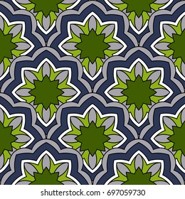 Abstract seamless flower backdrop. Design for prints, textile, decor, fabric. Round colorful texture in green, blue and white colors. Mandala background