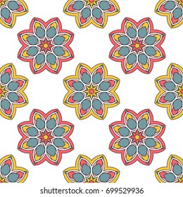 Abstract seamless flower backdrop. Design for prints, textile, decor, fabric. Round colorful texture in yellow, blue, red and rose colors. Mandala background
