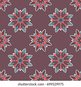 Abstract seamless flower backdrop. Design for prints, textile, decor, fabric. Round colorful texture in rose, blue and white colors. Mandala background