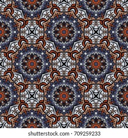 Abstract seamless flower backdrop. Design for prints, textile, decor, fabric. Round colorful texture in gray, red, brown and beige colors. Mandala background