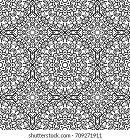 Abstract seamless flower backdrop. Design for prints, textile, decor, fabric. Round monochrome texture. Mandala background