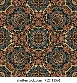 Abstract seamless flower backdrop. Design for prints, textile, decor, fabric. Round colorful texture in gray and brown colors. Mandala background