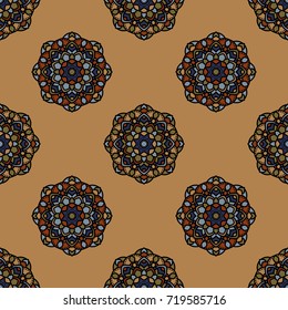 Abstract seamless flower backdrop. Design for prints, textile, decor, fabric. Round colorful texture in beige, blue and green colors. 
