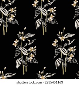 Resumen diseño de fondo negro de patrón de ramas de flores sin soldadura