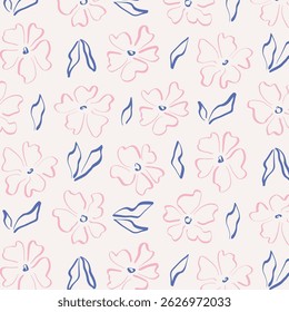 Abstract seamless flower pattern. Floral print with naive scribble blossom, spring summer botanical background for fabric textile design. Vector texture.