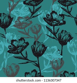 Abstract seamless flowers pattern. Floral repeated backdrop for girl, fashion textile, clothes, wrapping paper. Nature illustration. Season flowers ornament. tulips set background. 