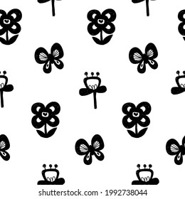 Abstraktes Muster nahtloser Blumen. Floraler Wiederholungsdruck. Schwarz-Weiß-Naturschmuck. Butterflies wiederholt verpacktes Papier