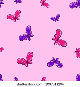 Abstract seamless flowers pattern with fly  little butterflies. Fancy repeated backdrop for girl, textile,clothes, wrapping paper.  Floral iterative wallpaper. Girlish Pink and white background