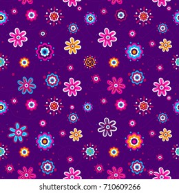 Abstract seamless flowers pattern on purple background.  Colourful girlish wallpaper. Decorative floral reiterated backdrop for girl, textile, wrapping paper