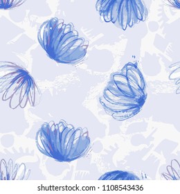 Abstract seamless flowers pattern with tender grunge background. Watercolor style. Monochrome blue repeat wallpaper. Floral repeated backdrop for girl, fashion textile, clothes, wrapping paper. 