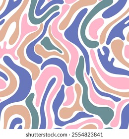 Abstract seamless flowing-line pattern with soft, organic curves and a pastel color palette of blush pink, dusty blue, sage green, and beige on white background.