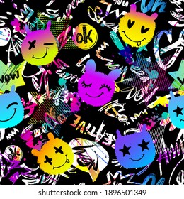 Abstract seamless fluffy faces pattern. Lettering Grunge teenagers repeat print.