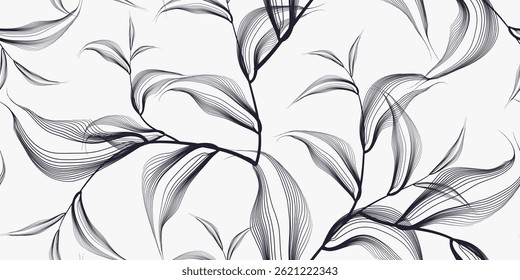 Impressões foliares sem emenda abstratas. Texturas de linha decorativas desenhadas à mão. Padrões florais monocromáticos minimalistas. Designs de vetor de textura da natureza. Planos de fundo de modelo de cartão postal gráfico