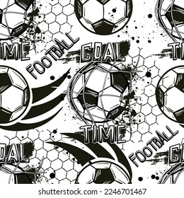 Abstract seamless fooball pattern for boys, sport textile, fashion clothes, wrapping paper. Grunge urban repeat soccer ball print with words Goal. Colorful wallpaper 