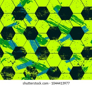 Abstract seamless football pattern for boy, textile, sport clothes, wrapping paper. geometric wallpaper. Ball hexagon repeat backdrop with grunge brush trace silhouette on back side. Shabby texture.