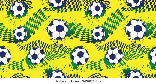 Abstract seamless football pattern for boy, sport textile, clothes, wrapping paper. Geometric wallpaper. Ball on checkered background with grunge brush splatters. Brazil football colors