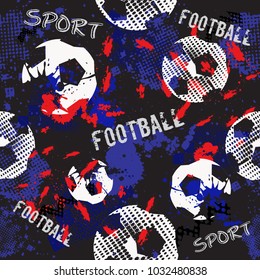 Abstract seamless football pattern for boys. Sport football pattern. Grunge sport urban backdrop with football ball. Sport wallpaper on black background with multicolor spots. Repeated pattern.