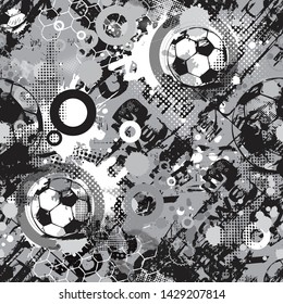 Abstract seamless football pattern for boys, textile, clothes. Grunge urban repeated backdrop with silhouette of  ball. Sport monochrome  wallpaper 