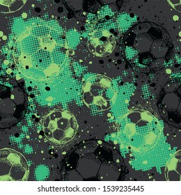Abstract seamless football pattern for boys, textile, clothes. Grunge urban repeated backdrop with silhouette of shabby ball, text. Sport colorful wallpaper 
