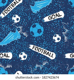 Abstract seamless football pattern for boys. Soccer ball, cleats, text football, goal and spray effect.