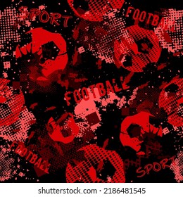 Abstract seamless football pattern for boys. Sport football pattern. Grunge sport urban backdrop with football ball. Sport wallpaper on black background with multicolor spots. Repeated pattern.