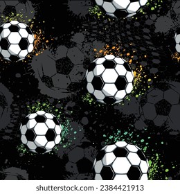 Abstract seamless football pattern for boys, sport textile, fashion clothes, wrapping paper. Grunge urban repeat soccer ball print with grunge graffiti background