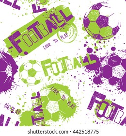 Abstract seamless football pattern for boys, textile, clothes. Grunge urban repeated backdrop with silhouette of shabby ball, spray paint ink, dirty elements. Sport colorful wallpaper.
