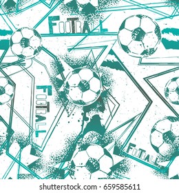 Abstract seamless football pattern for boys, textile, clothes. Grunge urban repeated backdrop with silhouette of shabby ball, text, curved lines, spray paint ink. Sport monochrome wallpaper.