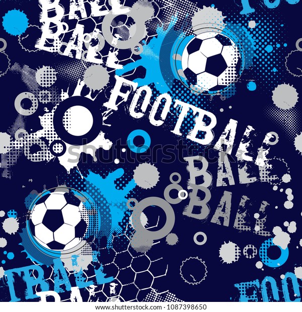 男の子 織物 衣服用の抽象的なシームレスなサッカーパターン グランジ都市の背景にみすぼらしいボールのシルエット テキスト スポーツの壁紙 のベクター画像素材 ロイヤリティフリー