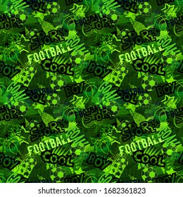 Abstract seamless football pattern for girls,boys.Creative vector background with hearts, triangle, geometric figures.Funny wallpaper for textile and fabric.Fashion style.Colorful bright Green, black